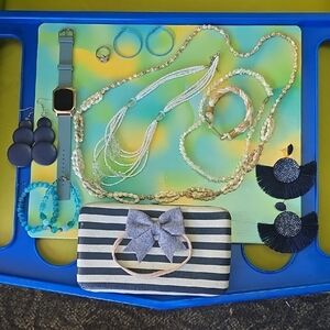 Striped Blue and White Clutch Bag With Matching Jewelry Bundle. All Included!